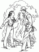 coloring picture of Indiana Jones with a woman in front of a fire